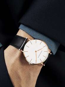 HANNAH MARTIN 1入組黑色PU聚氨酯帶休閒防水圓形錶盤石英表,適用於日常生活 - 黑色 - 查看 6