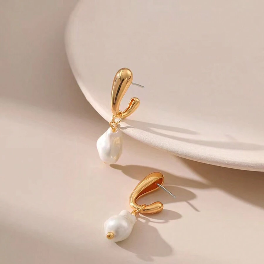 1 对简约时尚百搭欧美度假风格派对几何不对称珍珠夸张吊坠耳环女士