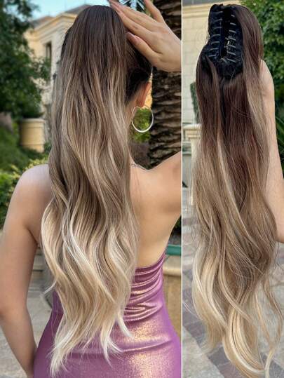 24-Inch Ombre Wavy Gradient Claw Ponytail Clip-In Heat Resistant Synthetic Hair Extension, Suitable For Women, Girls, Party And Daily Use