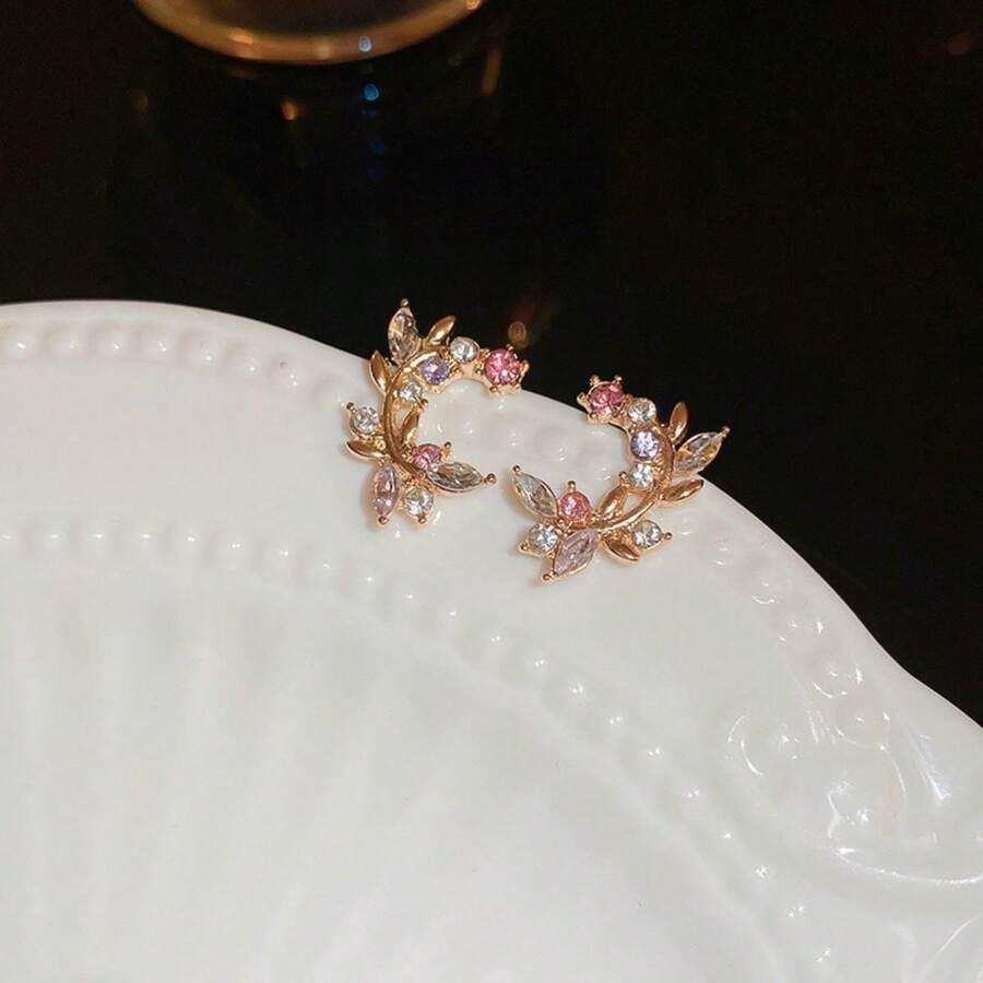 1雙925 銀別針水鑽鑲嵌支&樹葉設計創意流行耳環,多用途配件適用於女性日常穿著節日禮物