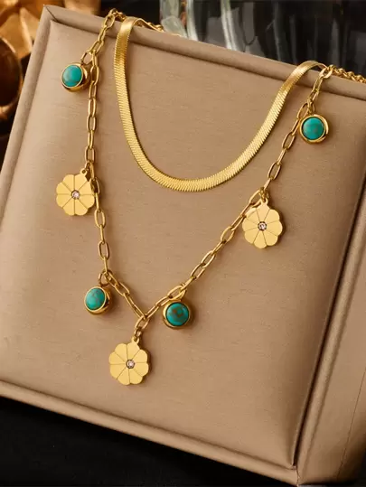 1 件多层钛钢圆形绿松石和小花装饰吊坠项链情人节、妈妈、母亲、母亲节、礼物