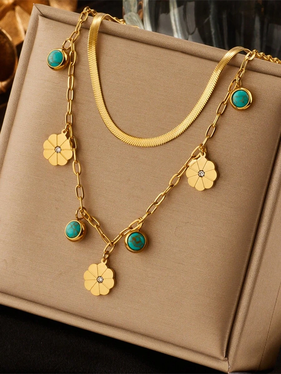1pc Multi-Layered Titanium Steel Round Turquoise & Small Flower Decor Pendant Necklace Valentines,Mom,Mother,Mother's Day,Gift - Multicolor - View 1