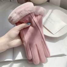 1對女士天鵝絨自行車厚絨手套,冬季羊毛內裡全指手套 - 米色 - 查看 4