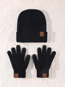冬季男士无檐便帽触摸屏手套套装，无檐便帽手套套装，带保暖针织保暖衬里，冬季配饰，冬季服装 - 黑色 - 查看 3