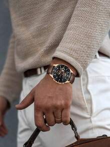 Va Va Voom 男士运动手表，带皮革表带，石英机芯，休闲时尚，日历，防水，适合冒险，可作为父亲节礼物，也可作为返校学生的礼物 - 卡其色 - 查看 3