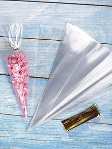 50 件/批 Diy 糖果袋,婚禮禮物生日派對裝飾,甜美玻璃紙透明錐形儲物帶扭結,透明三角形糖果包裝袋,冰淇淋甜筒爆米花包裝袋,糖果袋