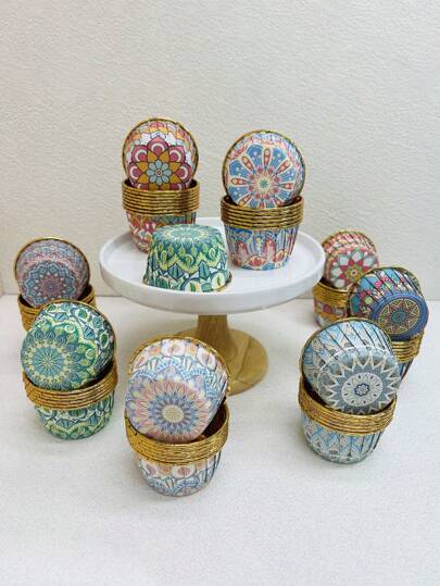 50/25pcs Random Bohemian Style Cupcake Cups With Lids, Heat-resistant Aluminum Foil Rolled Rim Paper Cup, Great For Weddings, Birthday Parties, Baking Tools
