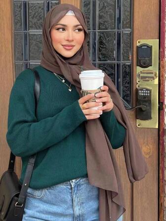 1 件女士纯色仿珍珠和雪纺柔软头巾适合日常使用在 Abaya 配饰中