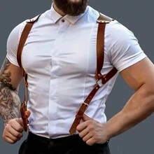 1 件男士皮革背心带铆钉镂空腰带舞台表演盔甲服装时尚肩带服装欧美风格宽肩带铆钉 - 棕色 - 查看 2