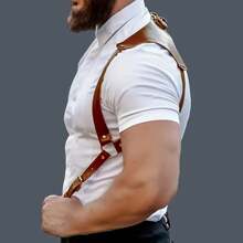 1 件男士皮革背心带铆钉镂空腰带舞台表演盔甲服装时尚肩带服装欧美风格宽肩带铆钉 - 棕色 - 查看 3