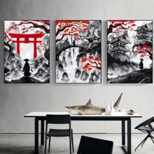 3入組40x60cm遊客和寺廟在山裝飾繪畫,完美適用於客廳,臥室,走廊裝飾用品,無框