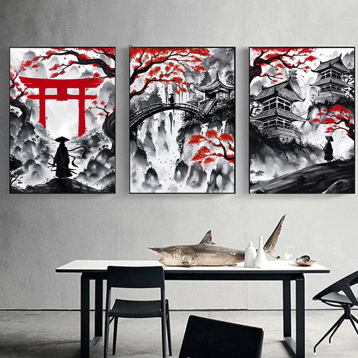 3入組40x60cm遊客和寺廟在山裝飾繪畫,完美適用於客廳,臥室,走廊裝飾用品,無框