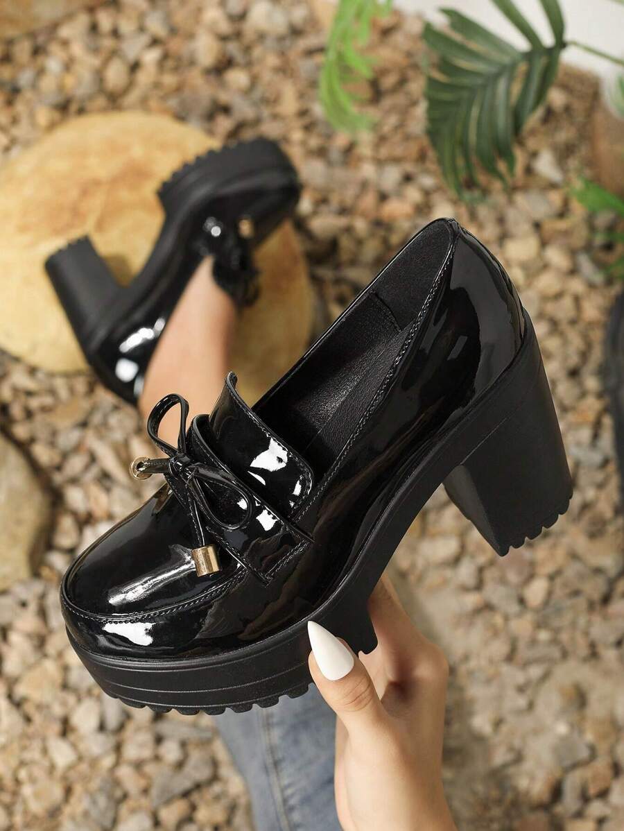 Bow Knot Thick Heel High Heel Commuting Work Slip-On Loafer Shoes, Women's Mid Heel, High Heel Thick Sole Loafers, Black High Vamp High Heel Small Pu Leather Shoes