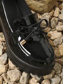 Bow Knot Thick Heel High Heel Commuting Work Slip-On Loafer Shoes, Women's Mid Heel, High Heel Thick Sole Loafers, Black High Vamp High Heel Small Pu Leather Shoes - Black - View 6