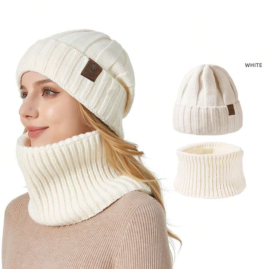 1套白色針織帽圍套,中性厚實冬季保暖帽圍套,帶有耳部保護式休閒鴨舌帽 - 白色 - 查看 1