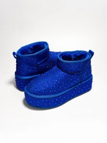 Women's  Rhinestone Suede Fur-Lined Booties - Platform Round Toe Suede Mid Heel For Brunch - Màu xanh lam - Xem 4