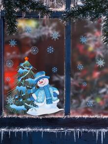 1pc Cartoon Blue Snowman, Snowflake & Christmas Tree Home Decor Wall Sticker For Christmas - Multicolor - View 5