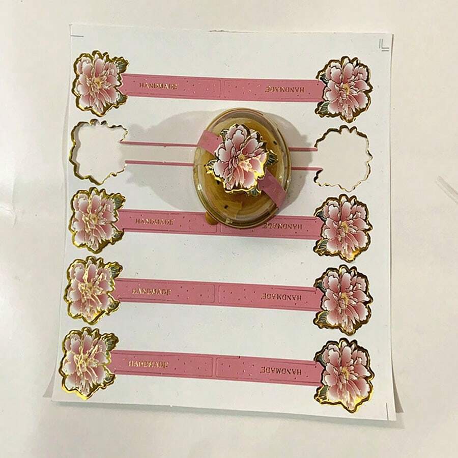 10pcs Gold-pressed Red & Pink Flower Design Sticker With 3d Buckle For Moon Cake/ Pastry Wrapping & Decoration - Pink - View 1
