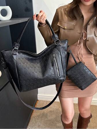 2pcs/Set Stylish And Convenient Black Pu Leather Tote Bags, Press And Metal Studs Decoration, Suitable For Gift, Dating And Commuting