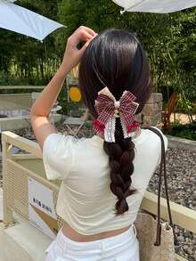 1入聖誕節紅裝飾方格結髮夾胸針雙層花邊小熊可愛髮夾配件