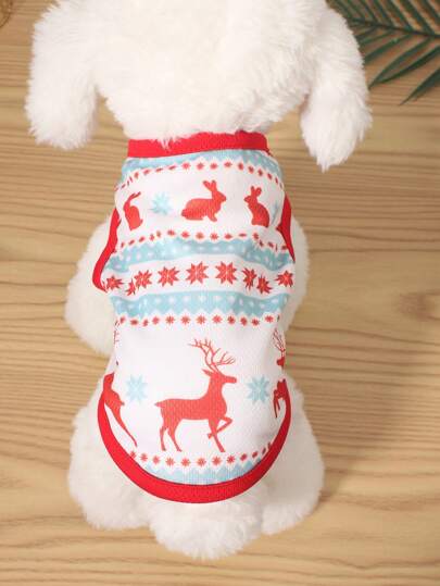 1件紅色和白色的聖誕麋鹿風格寵物背心,適用於小型和中型貓狗