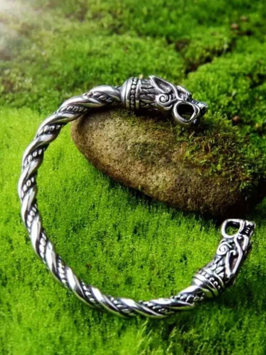 風格復古狼頭手環帶珠子適用於嘻哈男士,朋克搖滾時尚手環作為個性化配件和生日禮物適用於朋友們