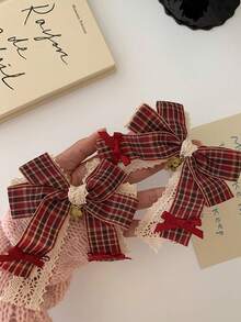 1入聖誕節紅裝飾方格結髮夾胸針雙層花邊小熊可愛髮夾配件