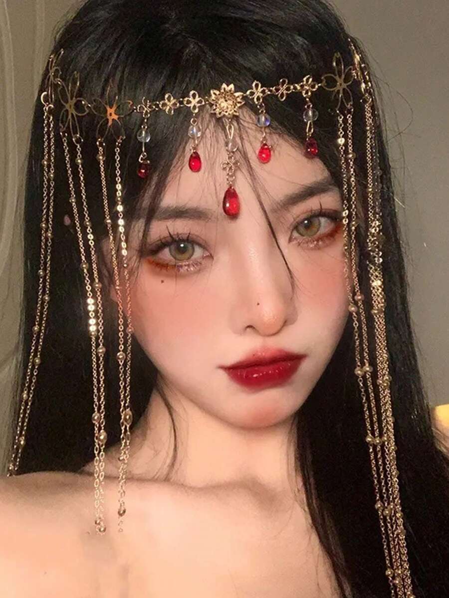 1頂復古豪華西方異國風格仙女長流蘇面紗頭飾前額鏈面簾水晶聖誕女士髮飾宴會派對