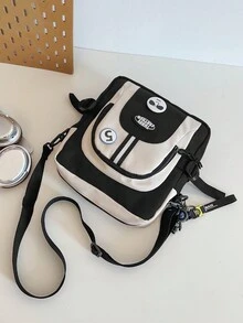 Brand Fashionable Casual Men's Shoulder Crossbody Bag, Nylon Fabric Daily Commuting Large Capacity Square Bag - Black and White - View 2