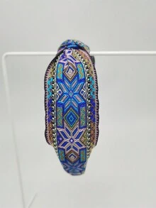 1頭戴式民族風刺繡頭帶,幾何圖案,菱形和格子,多色,適用於派對、日常和節日 - 寶藍色 - 查看 3