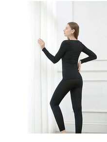1set Seamless Body Shaping Thermal Underwear Set Including Top & Bottom, Autumn Winter - Black - View 3