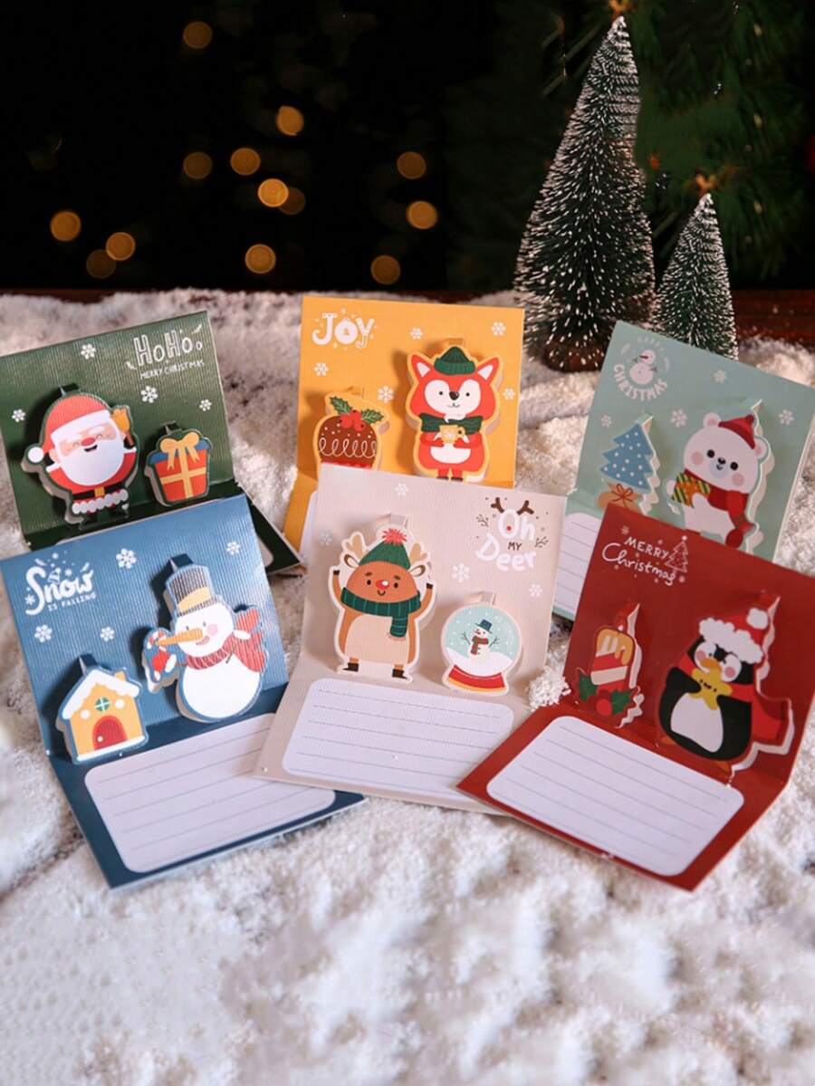 6入組可愛3D彈出式聖誕問候卡,創意卡通設計假期祝福帶空白太空適用於手寫訊息 - 彩色 - 查看 1