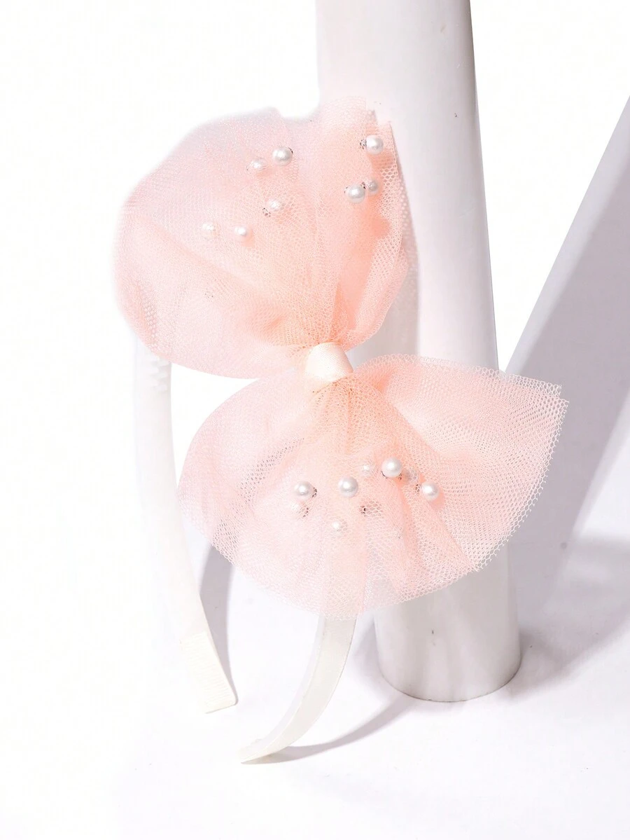 兒童蕾絲網眼珍珠超仙大蝴蝶結頭飾1個 - 彩色 - 查看 1