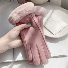 1pair Women's Velvet Cycling Thick Plush Gloves, Winter Sheep Wool Lined Full Finger Gloves