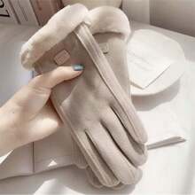 1pair Women's Velvet Cycling Thick Plush Gloves, Winter Sheep Wool Lined Full Finger Gloves