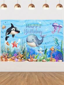 1件蓝色海洋主题生日背景布，鲸鱼和鲨鱼图案生日派对装饰背景，适合1岁、2岁、3岁生日派对 - 彩色 - 查看 2