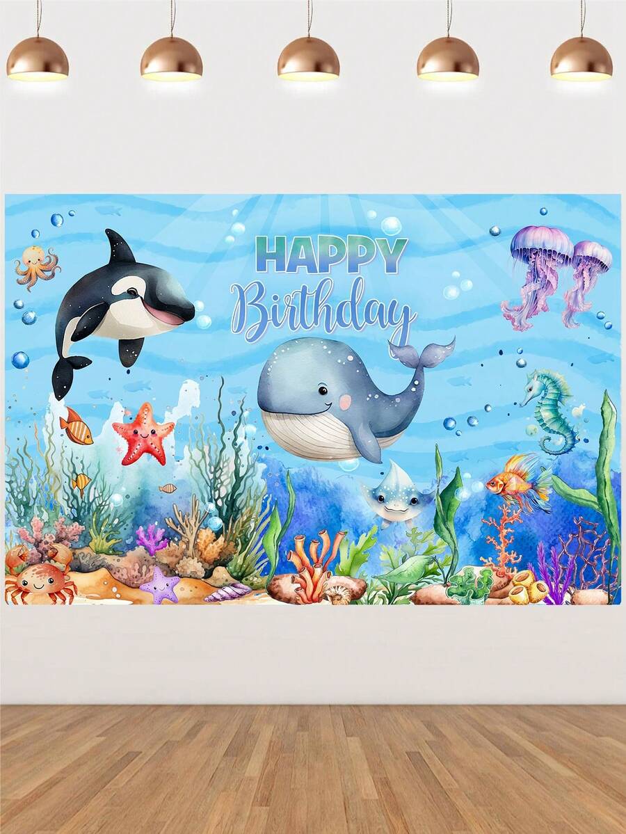 1件蓝色海洋主题生日背景布，鲸鱼和鲨鱼图案生日派对装饰背景，适合1岁、2岁、3岁生日派对