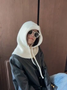 1頂實色針織帽,掛繩款,情侶通用款式,適用於戶外搭配穿搭,防風保暖 - 白色 - 查看 2