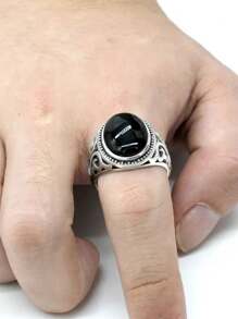 OHMMHO 1pc S925 Silver Men's Ring Black Agate Stone Hollow Out Design Simple & Luxurious Jewelry Christmas Gift - Black - View 8