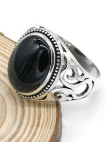 OHMMHO 1pc S925 Silver Men's Ring Black Agate Stone Hollow Out Design Simple & Luxurious Jewelry Christmas Gift - Black - View 5