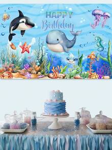 1件蓝色海洋主题生日背景布，鲸鱼和鲨鱼图案生日派对装饰背景，适合1岁、2岁、3岁生日派对 - 彩色 - 查看 5