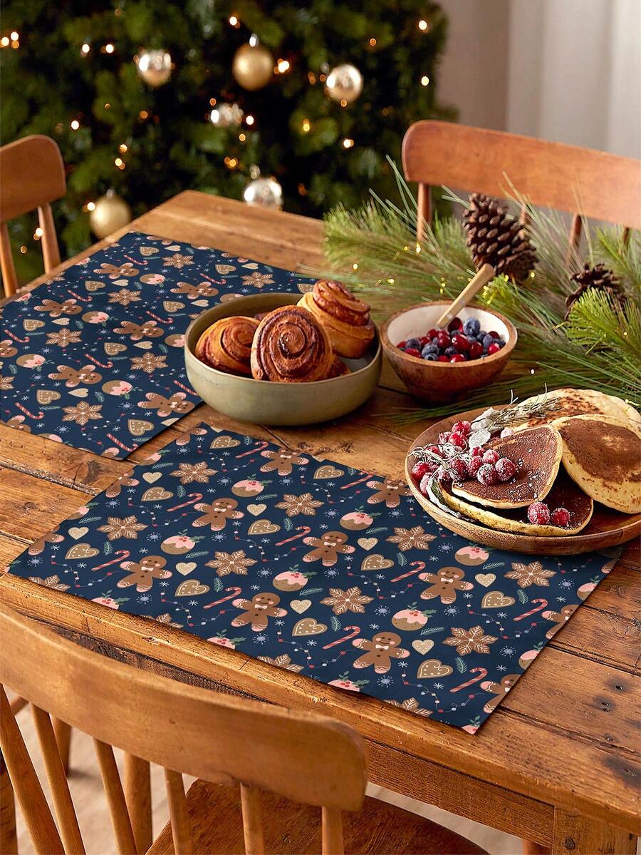 1張卡通薑餅人,愛心,雪花,糖果條和其他聖誕印花餐墊,適用於節慶廚房和餐桌裝飾 - 彩色 - 查看 1