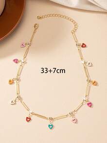 1件金屬鏈彩色鑽石裝飾的可愛陳述愛心項鍊,ins風格 - 金黃色 - 查看 3