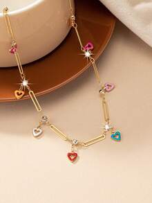 1件金屬鏈彩色鑽石裝飾的可愛陳述愛心項鍊,ins風格 - 金黃色 - 查看 4