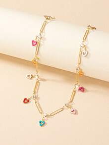 1件金屬鏈彩色鑽石裝飾的可愛陳述愛心項鍊,ins風格 - 金黃色 - 查看 2