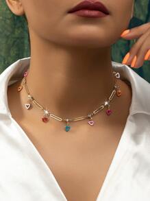 1件金屬鏈彩色鑽石裝飾的可愛陳述愛心項鍊,ins風格 - 金黃色 - 查看 1