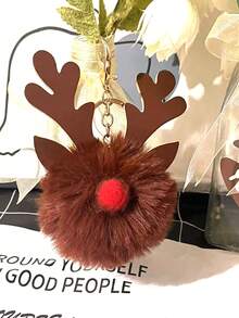 1pc Leather Antler & Christmas Ball Keychain - Brown - View 4