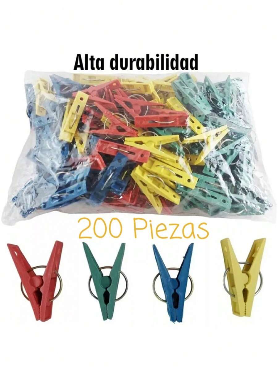 200 Colorful Plastic Clothes Pegs, Clothesline Pegs, High Quality Assorted Colors - Multicolor - View 1