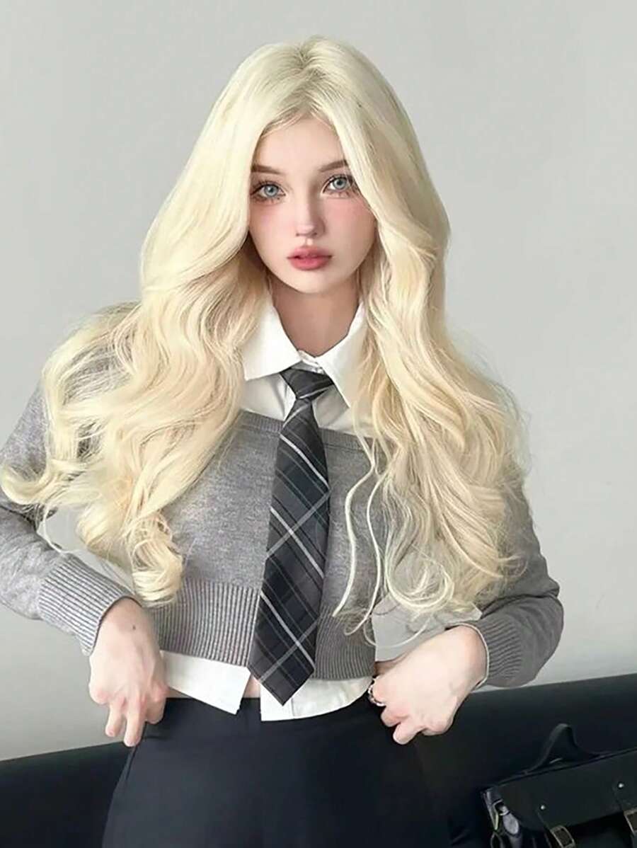 1件女用假髮長髮分瀏海長捲髮大波浪滿頭設置自然蓬鬆日常仿真時尚假髮套裝