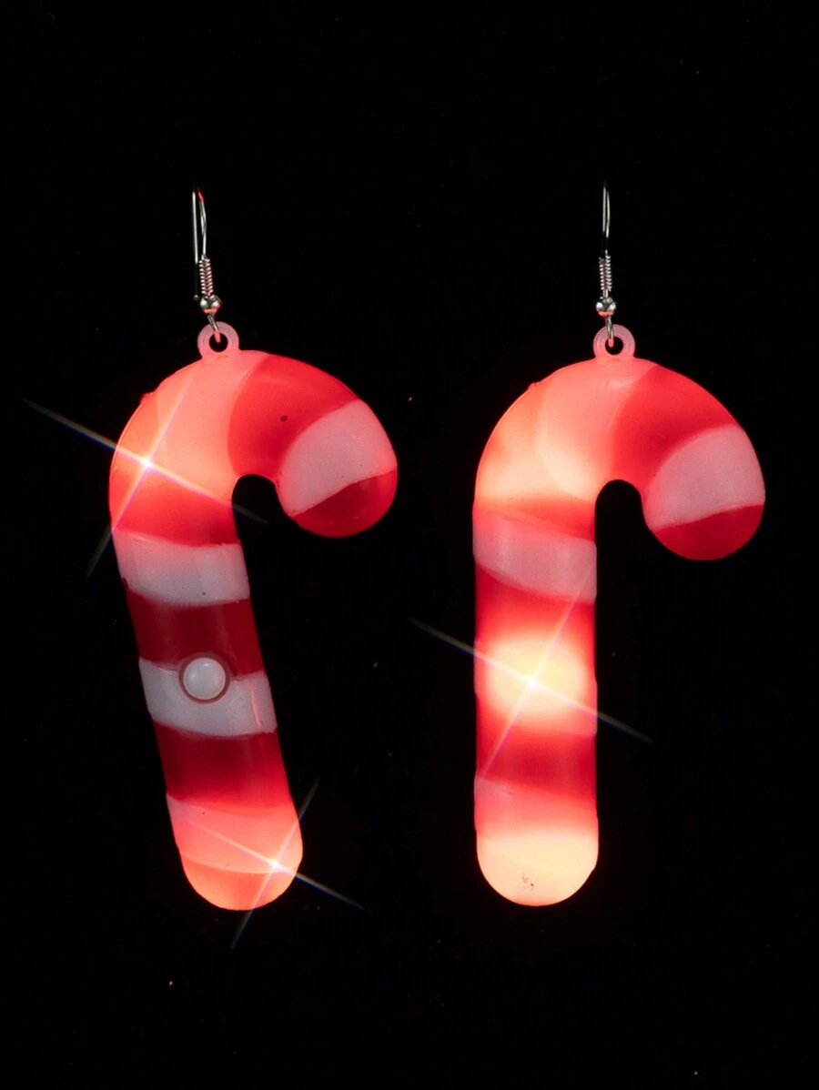 1對聖誕節耳環,獨特字母裝飾,led燈光照亮,糖杖設計塑膠假日禮物,適合節日女性穿著 - 紅色 - 查看 1